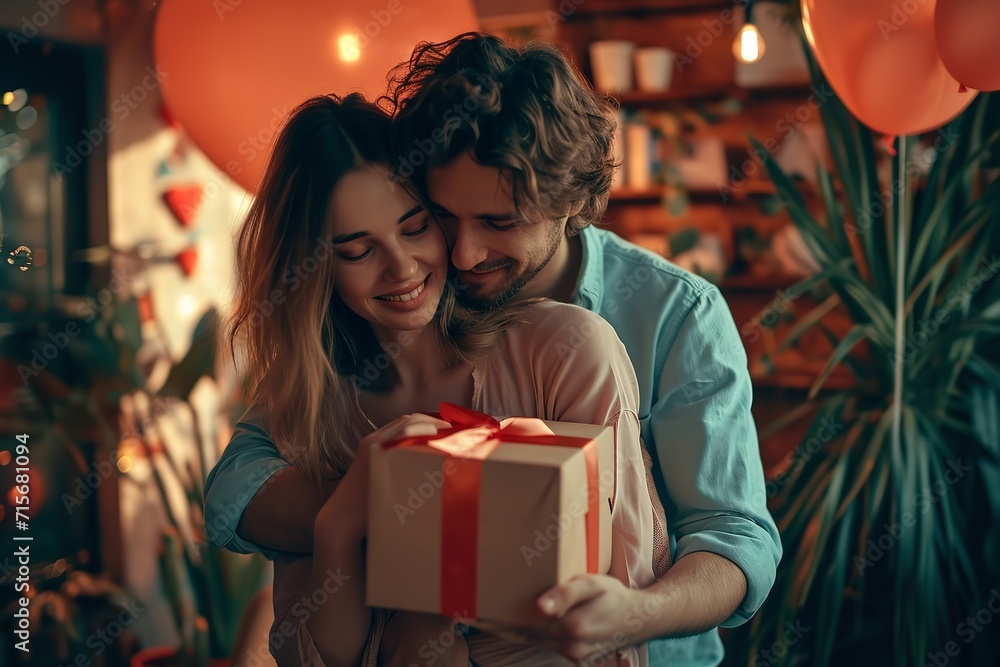 A young couple with gift box hugging at home. Valentine's Day concept. Happy couple in love with. A young loving couple celebrating Valentine's Day at home. Lovers give each other gifts. A young couple with gift box hugging at home. Valentine's Day concept. Happy couple in love with. A young loving couple celebrating Valentine's Day at home. Lovers give each other gifts.