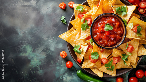 Mexican nachos chips with assorted sauces – guacamole, tomato salsa, chili, lime, and sour cream – on a stone table. Flat-lay, top view banner with copy space. Cinco de Mayo Snack. photo