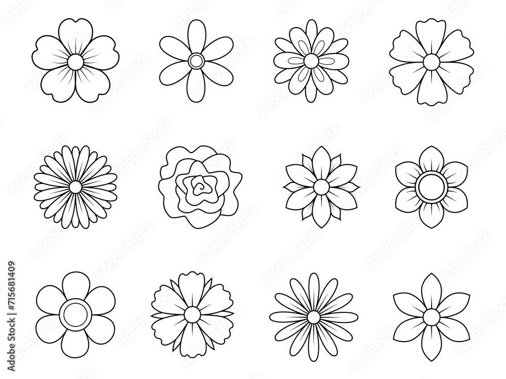 Outline abstract flowers, top view. Spring flora. Flat Illustration on transparent background