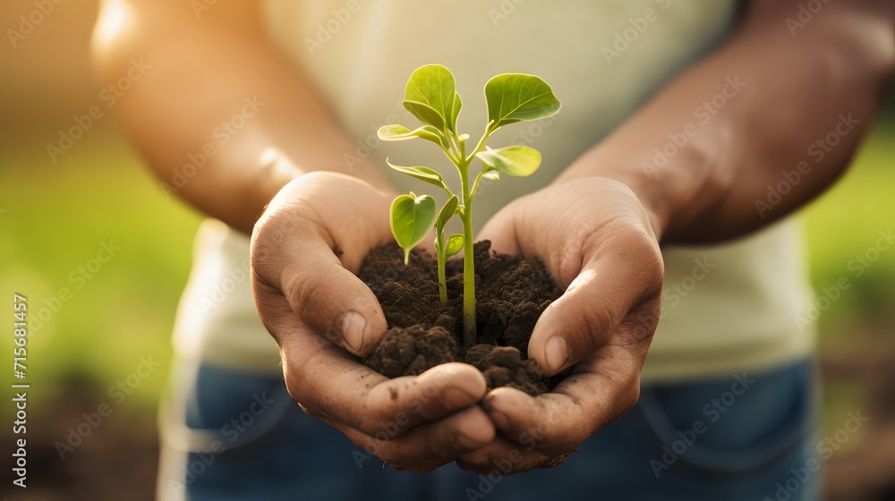 Agriculture Banner with close-up image of farmer hands holding small green seedling in the field Agriculture Banner with close-up image of farmer hands holding small green seedling in the field