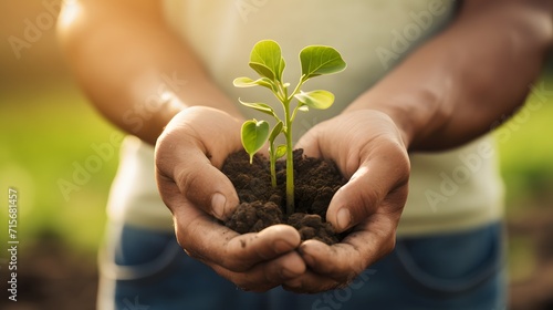 Agriculture Banner with close-up image of farmer hands holding small green seedling in the field