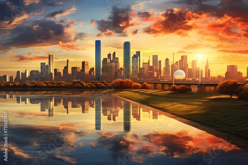 A panoramic view of the Dallas skyline, with towering skyscrapers reflecting the golden hues of a breathtaking sunset.