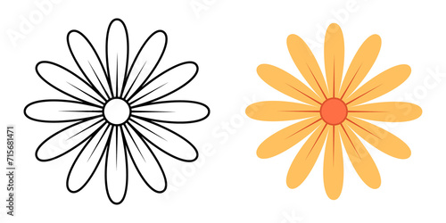 Abstract flower top view - linear and flat styles. Illustration on transparent background