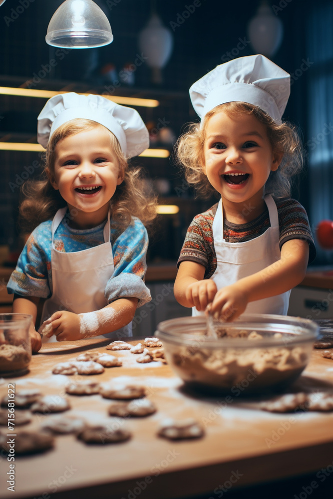 two happy children are making cookies in the kitchen. little cooks two happy children are making cookies in the kitchen. little cooks