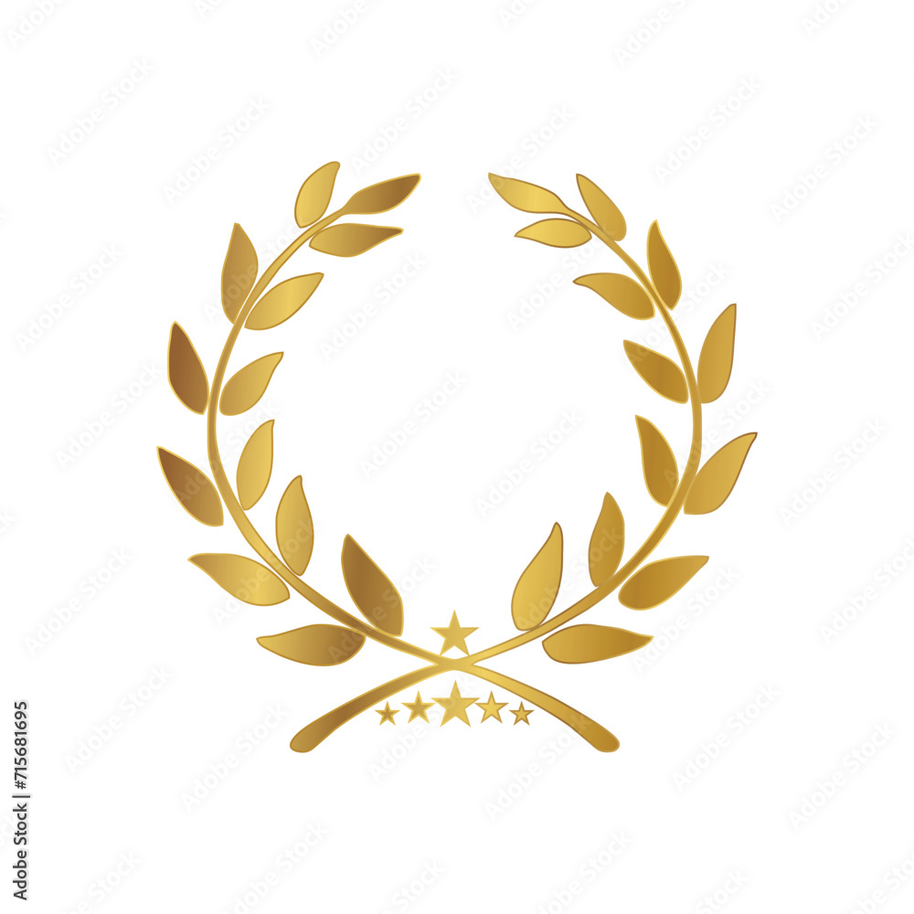 Gold Laurel Wreath Icon. Vector Flat illustrationisolated on white. Winner label made of twigs with green leaves. Victory logo. First place, award icon