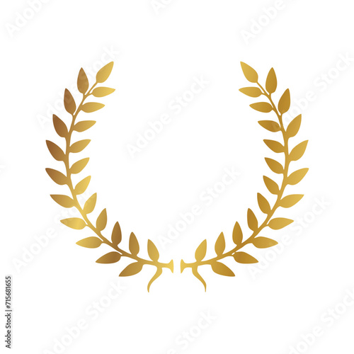 Gold Laurel Wreath Icon. Vector Flat illustrationisolated on white. Winner label made of twigs with green leaves. Victory logo. First place, award icon