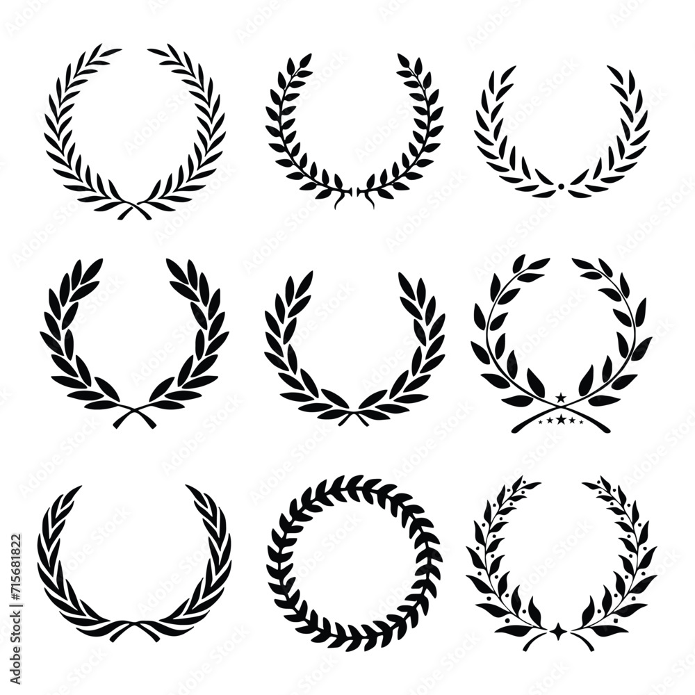 Vector black laurels set. Circular foliate laurels branches. Laurel wreath silhouette. Trophy crest. Greek olive branch award, winner round emblem Vector black laurels set. Circular foliate laurels branches. Laurel wreath silhouette. Trophy crest. Greek olive branch award, winner round emblem