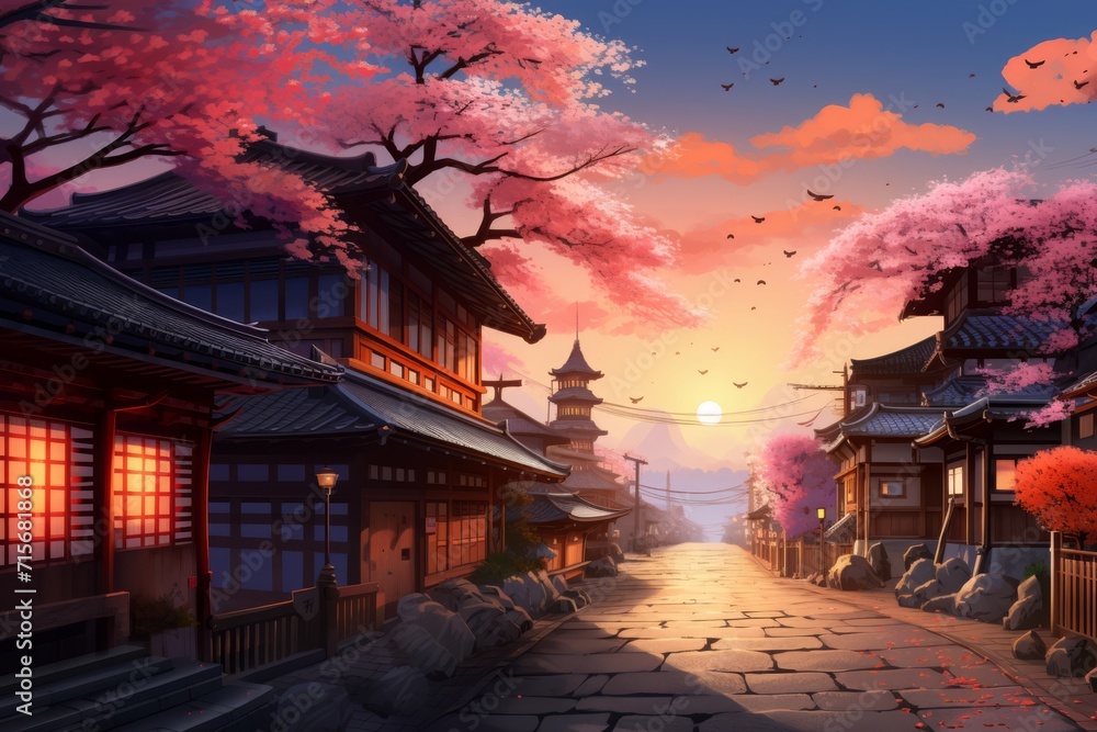 Road lined with rows of blooming spring cherry blossoms, sunset sky Road lined with rows of blooming spring cherry blossoms, sunset sky