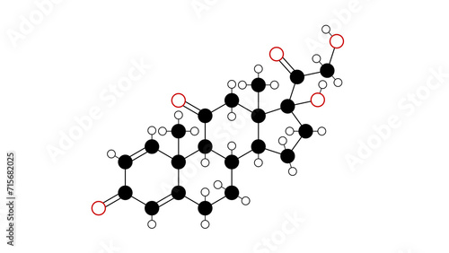 prednisone molecule, structural chemical formula, ball-and-stick model, isolated image adrenals