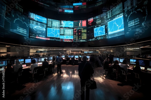 A busy trading floor with large LED screens displaying live stock market data.