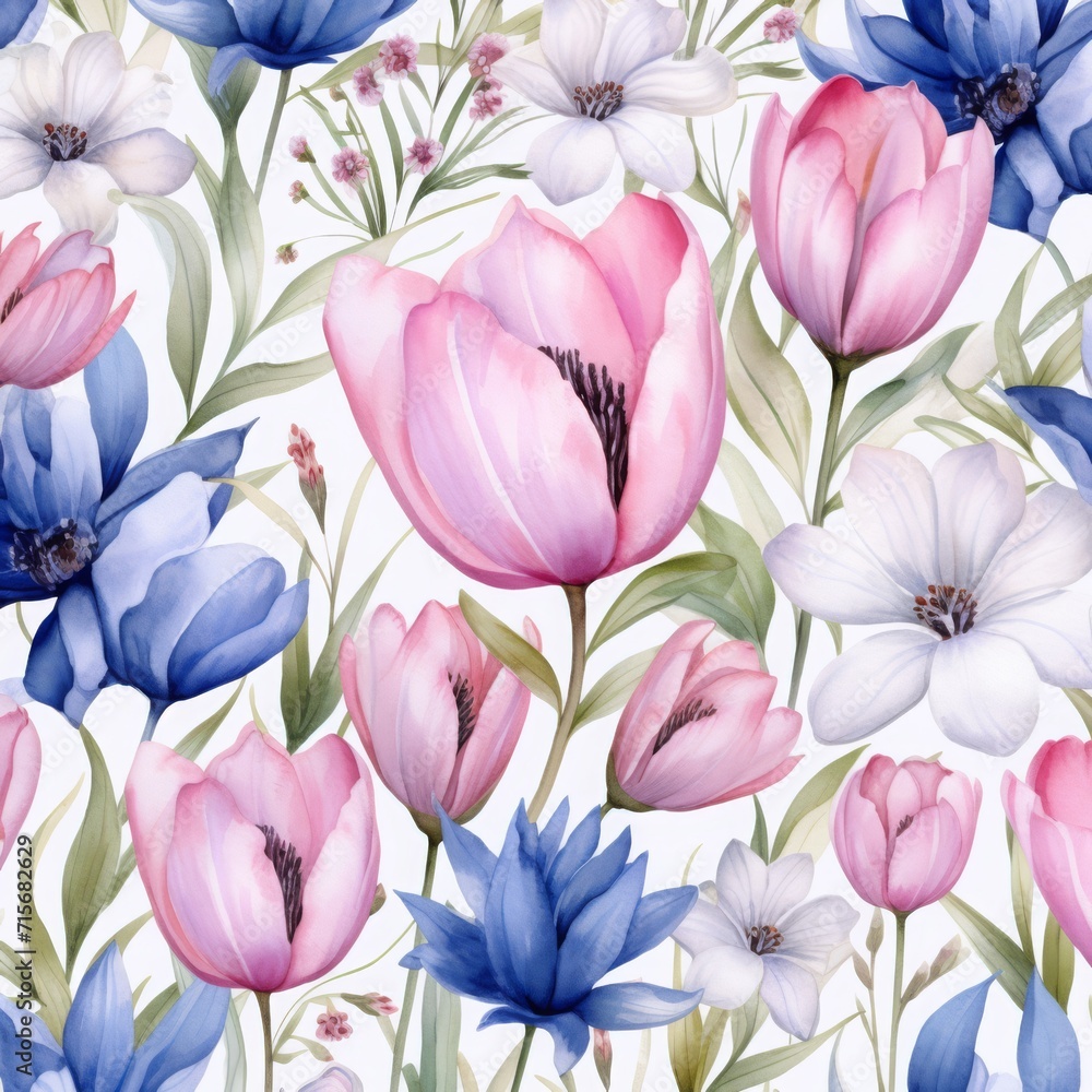 Watercolor pattern of tulips and wildflowers on luxurious pastel background, print, fabric, silk. Watercolor pattern of tulips and wildflowers on luxurious pastel background, print, fabric, silk.