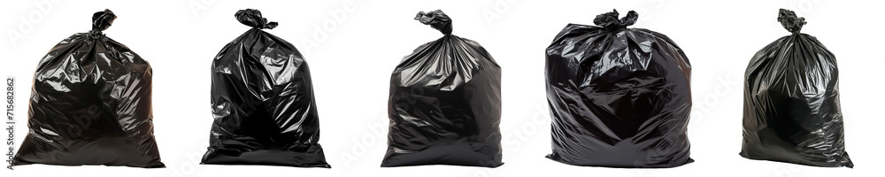 Set of five full black garbage bags isolated on a transparent background, depicting waste management and disposal concept