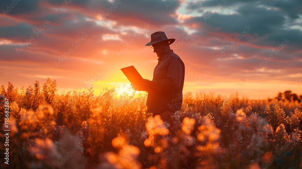 person in the sunset, a man in a hat is holding a tablet in a field of grass and a sunset behind him