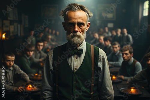 A dapper gentleman exudes elegance and charm as he gazes into the flickering light of a candle, his bow tie and suspenders adding a touch of sophistication to his dark attire