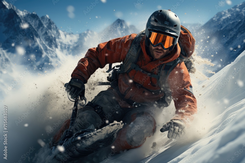 A daring man carves through the snowy mountains, clad in a helmet and goggles, braving the elements on his snowboard as he seeks the ultimate outdoor adventure A daring man carves through the snowy mountains, clad in a helmet and goggles, braving the elements on his snowboard as he seeks the ultimate outdoor adventure