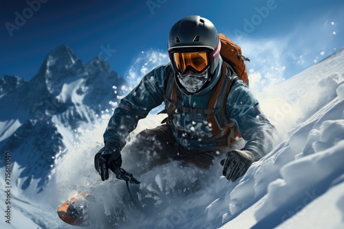 A daring individual braves the snowy mountain, donning a helmet and goggles as they glide down the glacial slope with their snowboard, embracing the exhilarating adventure of extreme winter sports