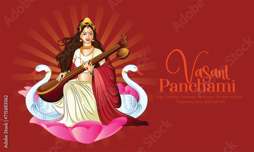 Vasant Panchami or Basant Panchami illustration of Goddess Saraswati for Vasant Panchami Puja of India