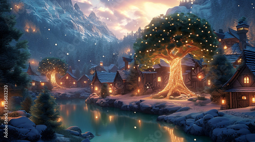 Winterwunderland mit beleuchtetem Baum. photo