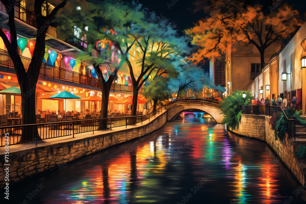 The iconic San Antonio Riverwalk at night, illuminated by colorful lights and bustling with activity.