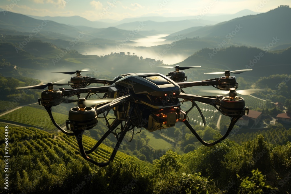 A helicopter-like drone glides over a vast green field, surrounded by majestic mountains and a serene sky filled with fluffy clouds, serving as a modern and efficient form of transport in the midst o