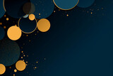 A background with many three-dimensional circles on top of a blue surface.Circles of black blue and gold colors on a blue background, with a place to copy.Flat design.Abstract image of circles.