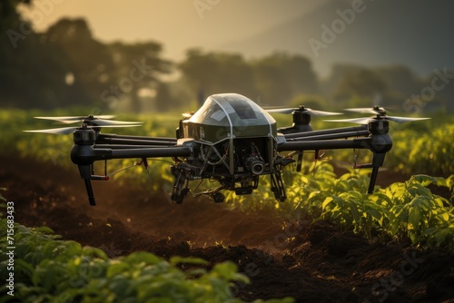 A mesmerizing aerial view of a drone gliding gracefully over a lush field, surrounded by tall blades of grass and under the vast blue sky, showcasing the seamless blend of technology and nature in av