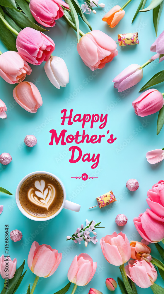 Happy Mother's Day inscription on a colored background, flowers, cup of coffee, candy, top view, layout, postcard, holiday, congratulation, lettering, bouquet, nature, breakfast Happy Mother's Day inscription on a colored background, flowers, cup of coffee, candy, top view, layout, postcard, holiday, congratulation, lettering, bouquet, nature, breakfast