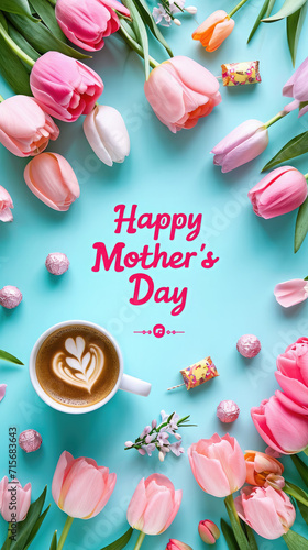 Happy Mother's Day inscription on a colored background, flowers, cup of coffee, candy, top view, layout, postcard, holiday, congratulation, lettering, bouquet, nature, breakfast © Julia Zarubina
