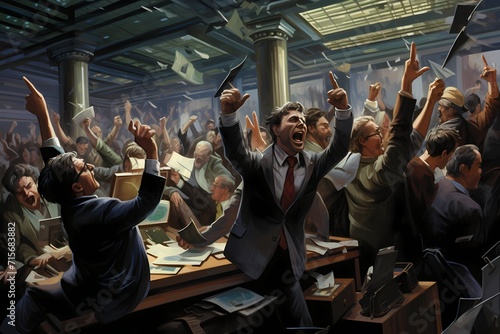 A bustling trading floor with traders frantically gesturing and shouting orders. photo