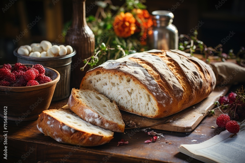 A rustic loaf of sourdough bread, sitting on a cutting board amidst a variety of baked goods and fresh fruit, evokes feelings of comfort and nostalgia, representing the timeless staple food that is a A rustic loaf of sourdough bread, sitting on a cutting board amidst a variety of baked goods and fresh fruit, evokes feelings of comfort and nostalgia, representing the timeless staple food that is a