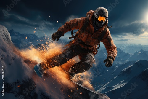 A daring individual shreds through the snowy mountains, their helmet glinting in the bright sky as they conquer the slope on their snowboard