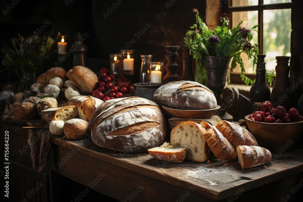 A warm and inviting bakery table displays an array of freshly baked sourdough breads, tempting passersby through the window with its mouth-watering display of indoor baked goods