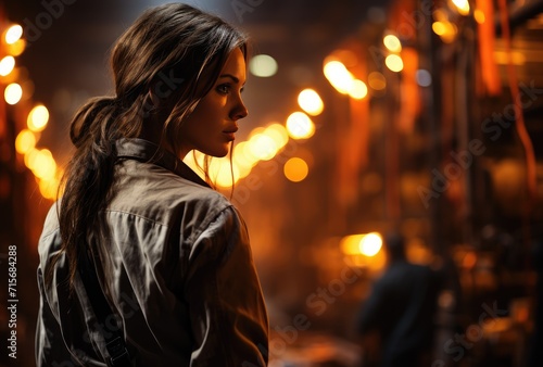 A woman stands alone on a dark street, her face illuminated by the city lights, her clothing blending with the night as she gazes confidently into the camera