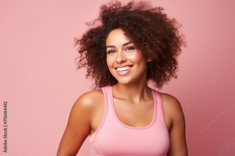 Joyful young woman with curly hair smiling on a pink background Joyful young woman with curly hair smiling on a pink background