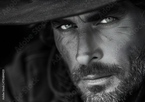 AI-generated illustration of a black-and-white portrait of a man wearing a cowboy hat