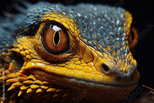 Vibrant yellow eyes peer out from the intricate scales of a fierce iguania  showcasing the captivating beauty and wildness of the reptilian world