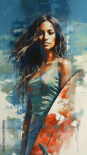 Attractive surfer woman painting, Generative ai