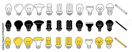 Light bulbs in different sizes and shapes, vector icons set. Different types of light bulbs with different shapes isolated on white background. Halogen, LED, incandescent, energy-saving and CFL lamps.