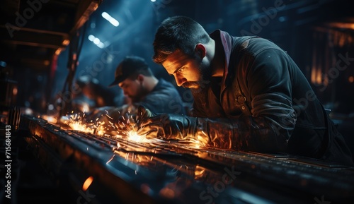 A team of welders in a fiery factory, dressed in protective clothing, working tirelessly on a metal surface under the dim light of the indoor night