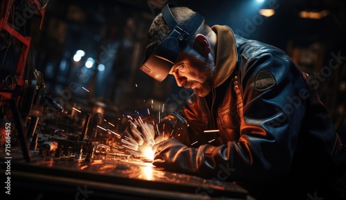A determined welder works tirelessly through the night, clad in protective clothing, as sparks fly in the metalworking factory