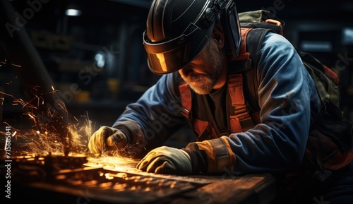 A skilled metalsmith clad in protective gear carefully wields his welding torch, crafting intricate pieces of metal with precision and dedication in his indoor workshop