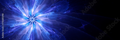 Blue glowing quantum particle fractal in space banner