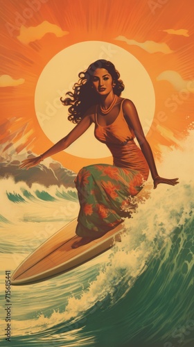 Desi surfer girl riding a wave. Asian Surfer girl retro vintage style painting. Generative ai