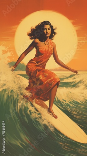 Desi surfer girl riding a wave. Asian Surfer girl retro vintage style painting. Generative ai © nilanka