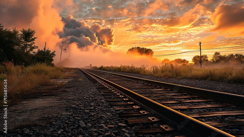 Orange sunset in low clouds over railroad. copy space for text.