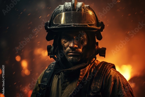 A brave firefighter emerges from the flames, his helmet concealing his human face as he battles against the destructive fire with unwavering determination and strength © Larisa AI