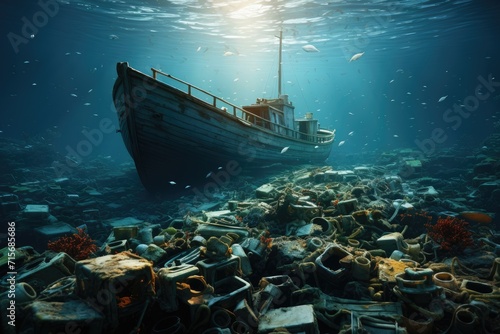 Exploring the depths, a scuba diver uncovers a shipwreck as a lone boat glides gracefully through the sparkling blue waters