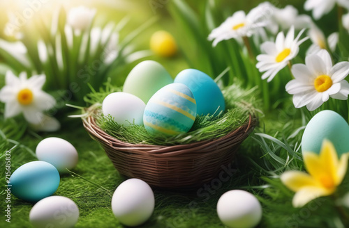 Easter eggs in delicate pastel colors with white flowers, eggs in a nest, place for the text