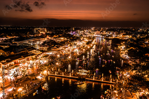 Old Town Hoi An at Night. Aerial Drone Photo