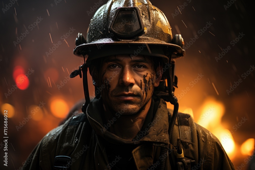 A rugged firefighter, adorned in protective gear and smeared with ash, stands ready to battle the flames with determination in his eyes and a helmet on his head